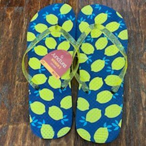 NWT * FLIP FLOPS (M 7/8) ROYAL BLUE Yellow Lemons * Clear YELLOW STRAP w/GLITTER